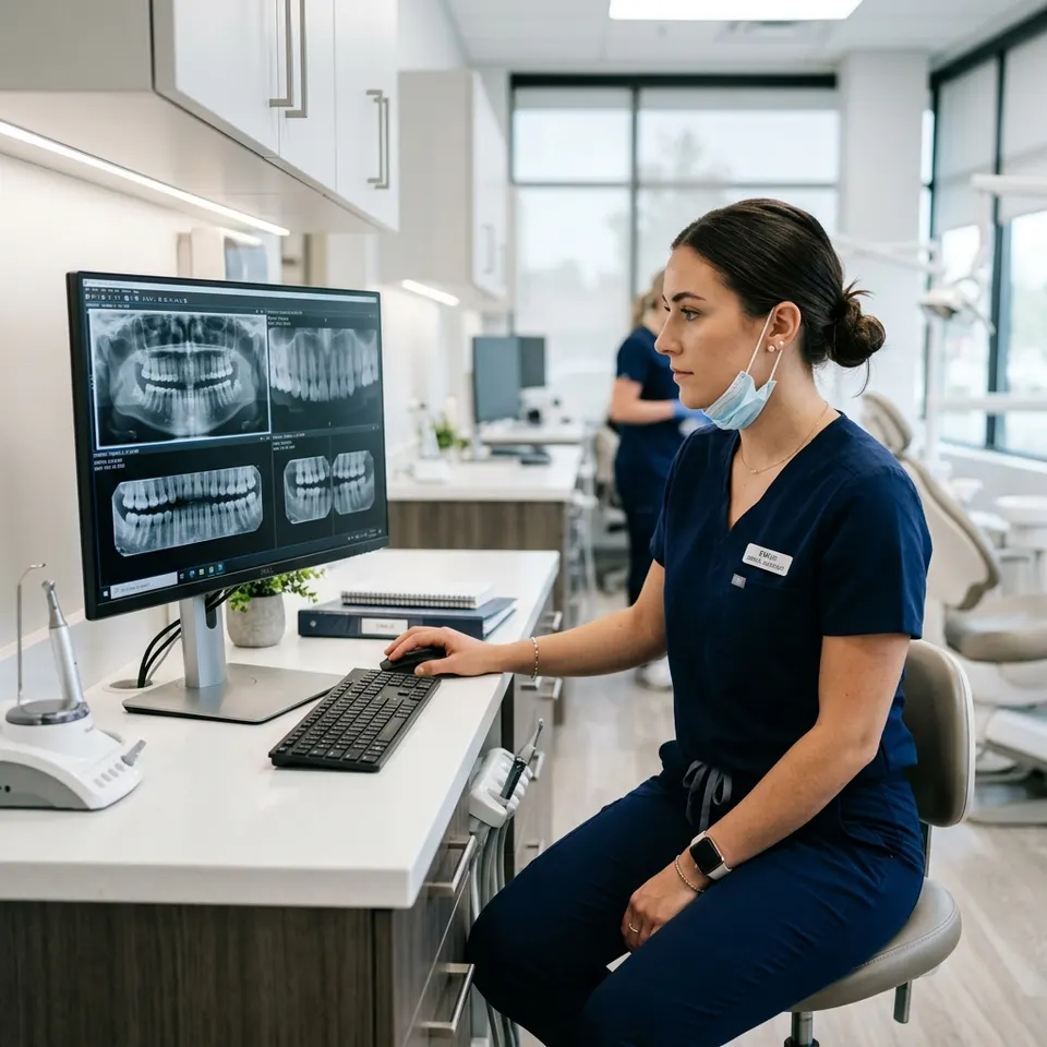 Dental professional reviewing digital images at a clinic computer