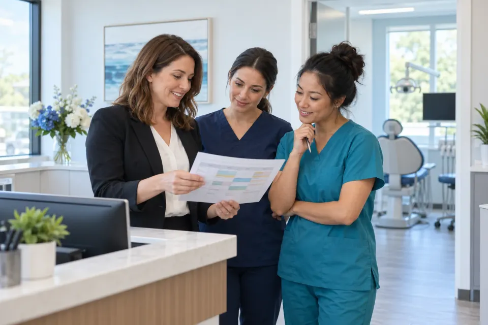 Illustration of an office manager and two dental professionals reviewing a schedule at a reception desk