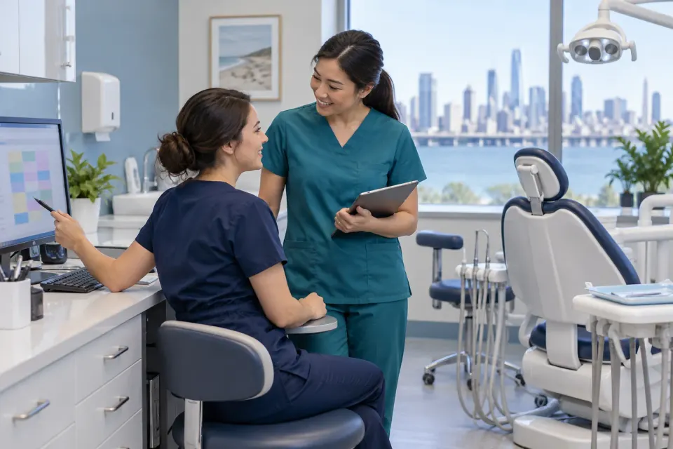 Illustration of two dental professionals reviewing a clinic schedule at a workstation beside an empty chair