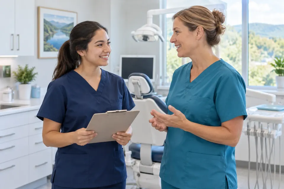 Illustration of two dental professionals discussing first-day orientation beside an empty treatment chair